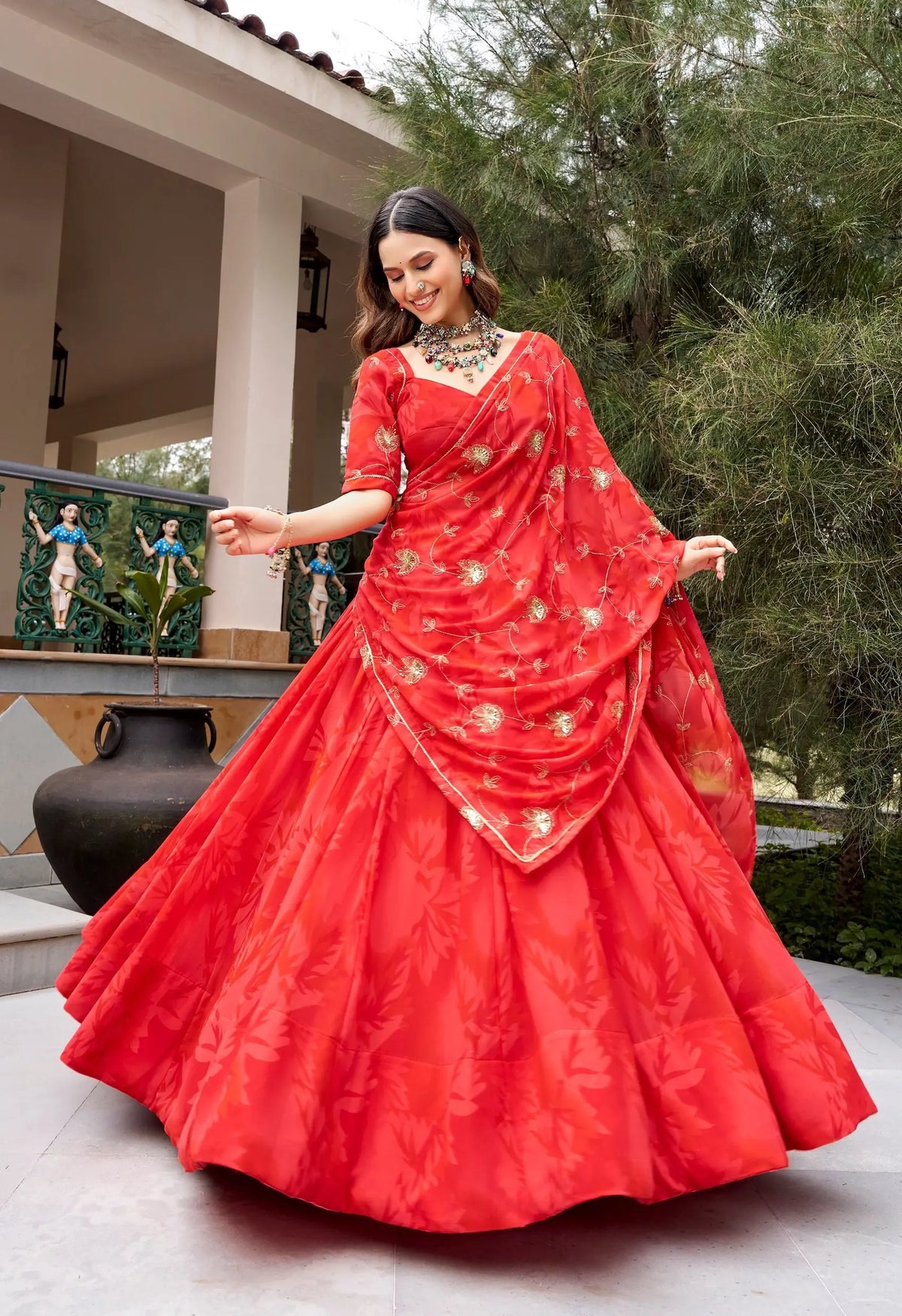 8 Meter Flair | Red Georgette Navratri Lehenga With Embroidery & Dupatta