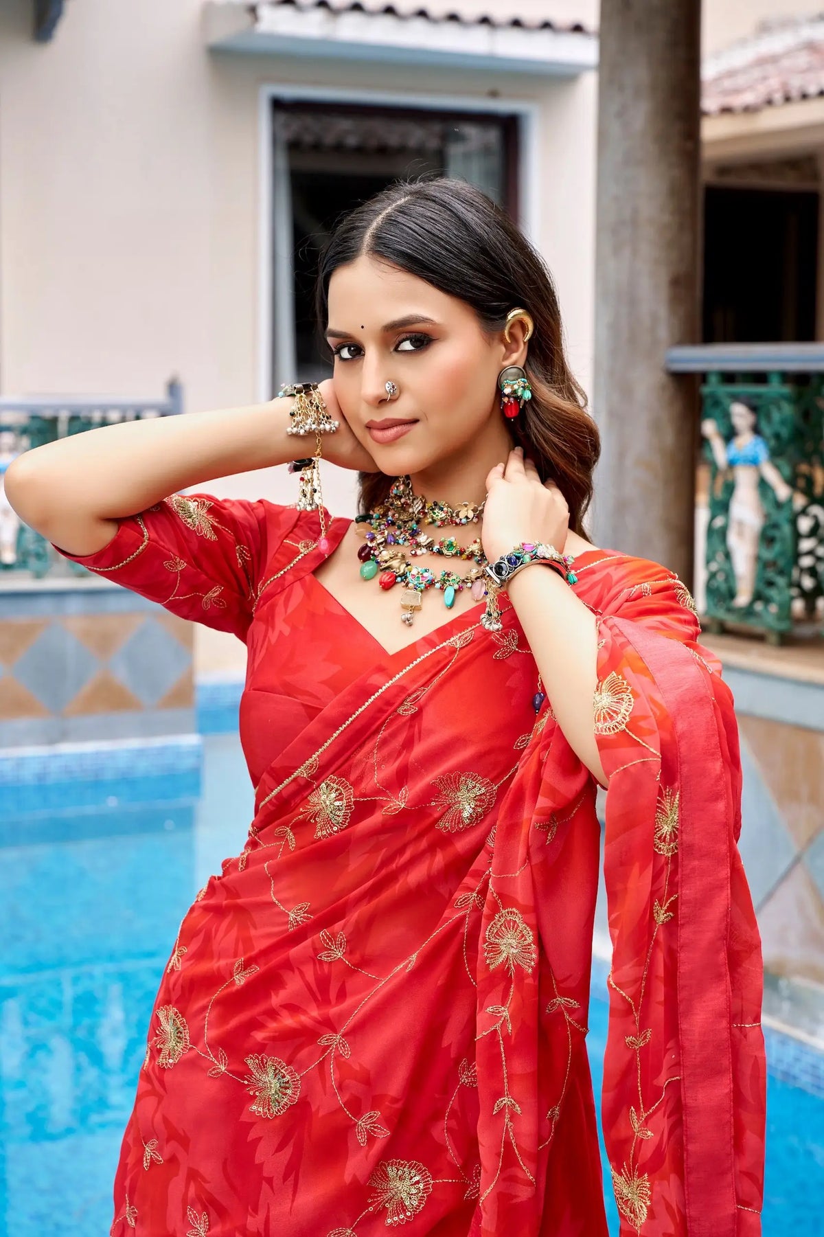 8 Meter Flair | Red Georgette Navratri Lehenga With Embroidery & Dupatta