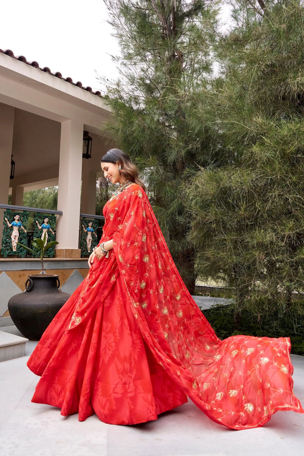 8 Meter Flair | Red Georgette Navratri Lehenga With Embroidery & Dupatta