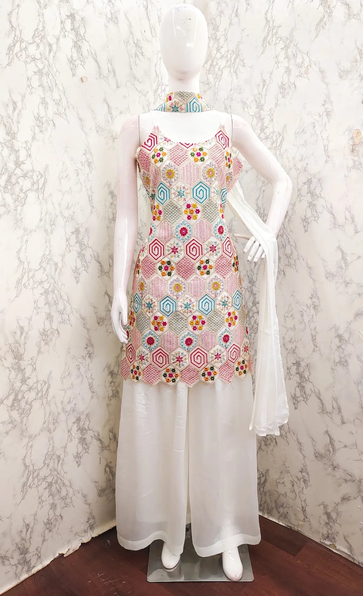 White Chinon Sequence Embroidery Work Salwar Suit