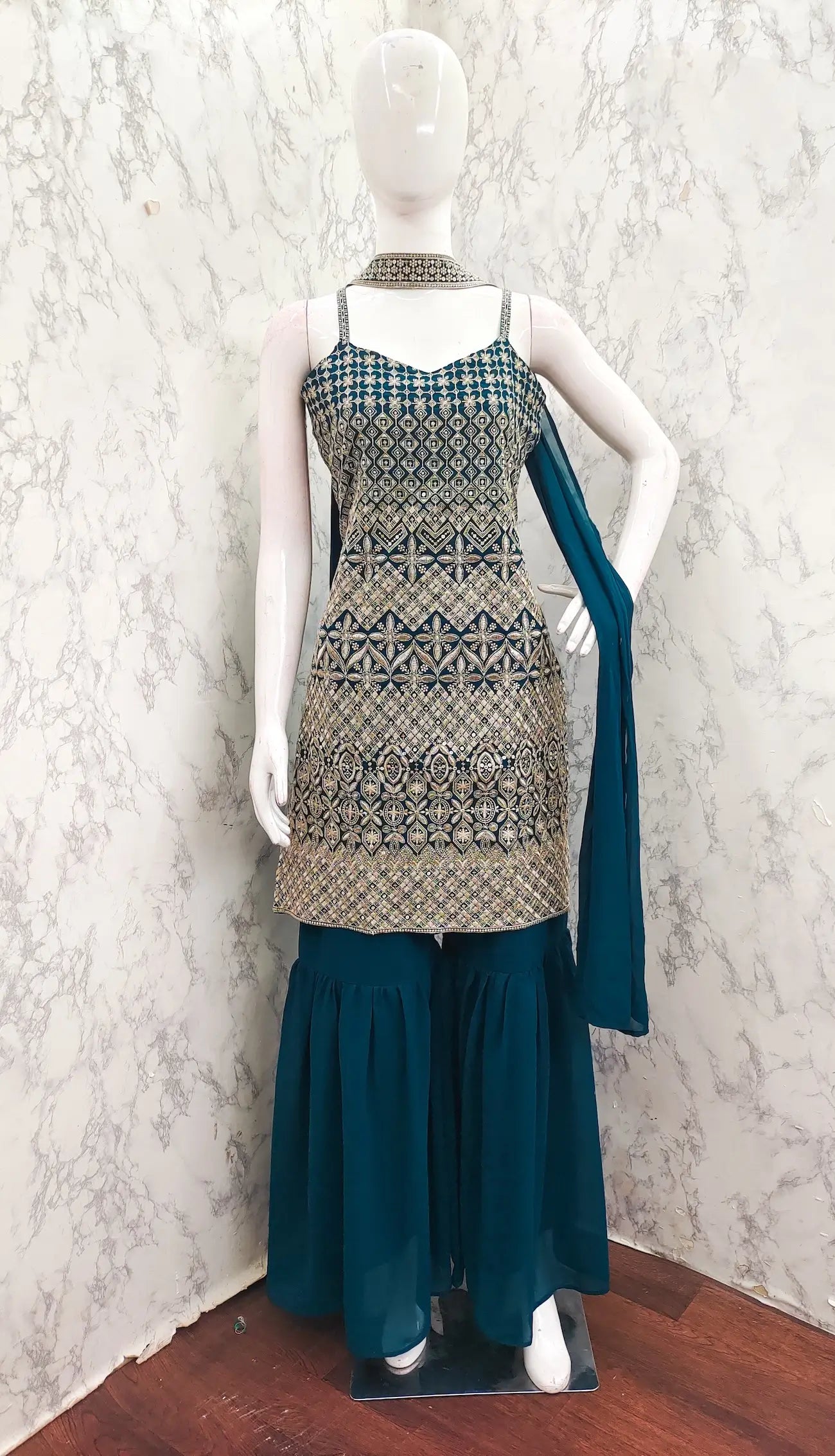 Teal Blue Georgette Sequence Embroidery Work Salwar Suit - qivii