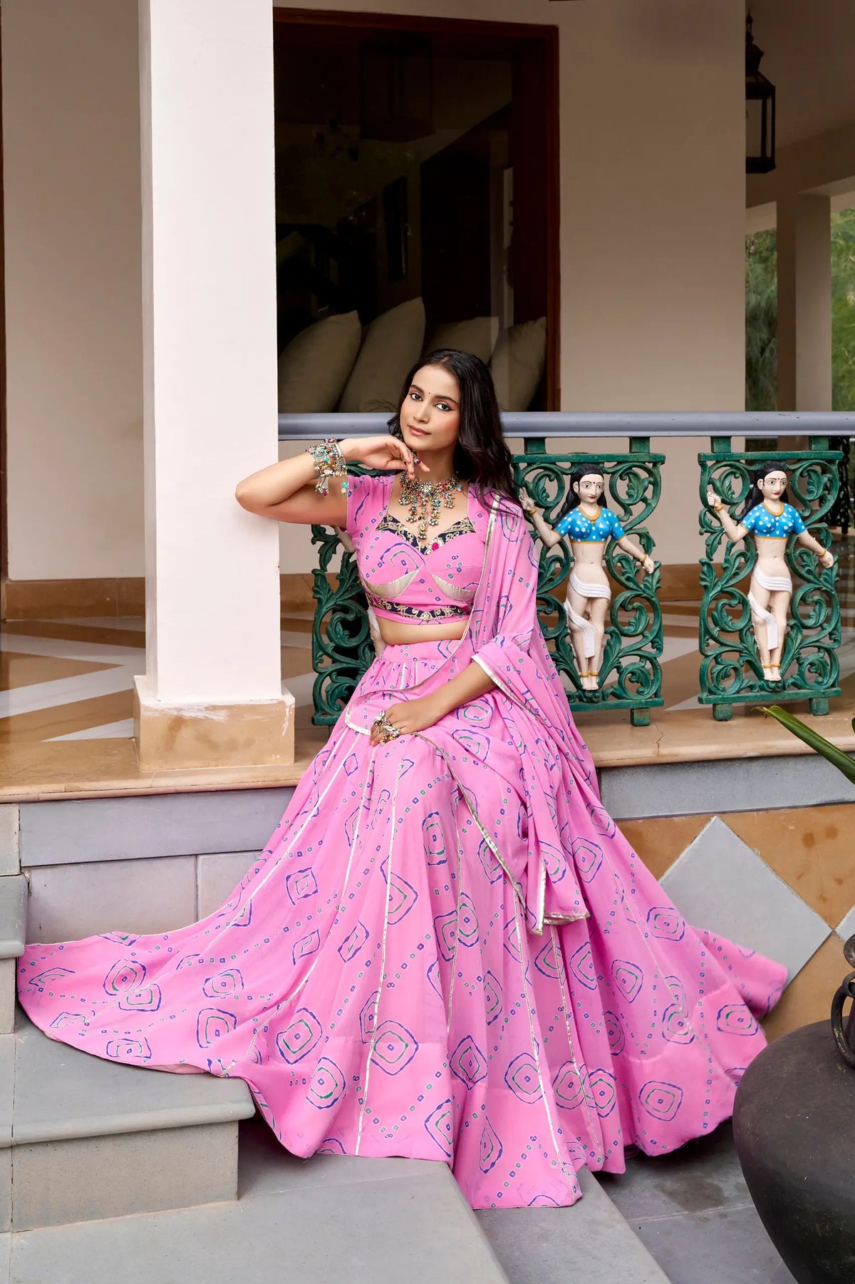 8 Meter Flair | Light Pink Navratri Lehenga With Bandhej Print & Gota Patti
