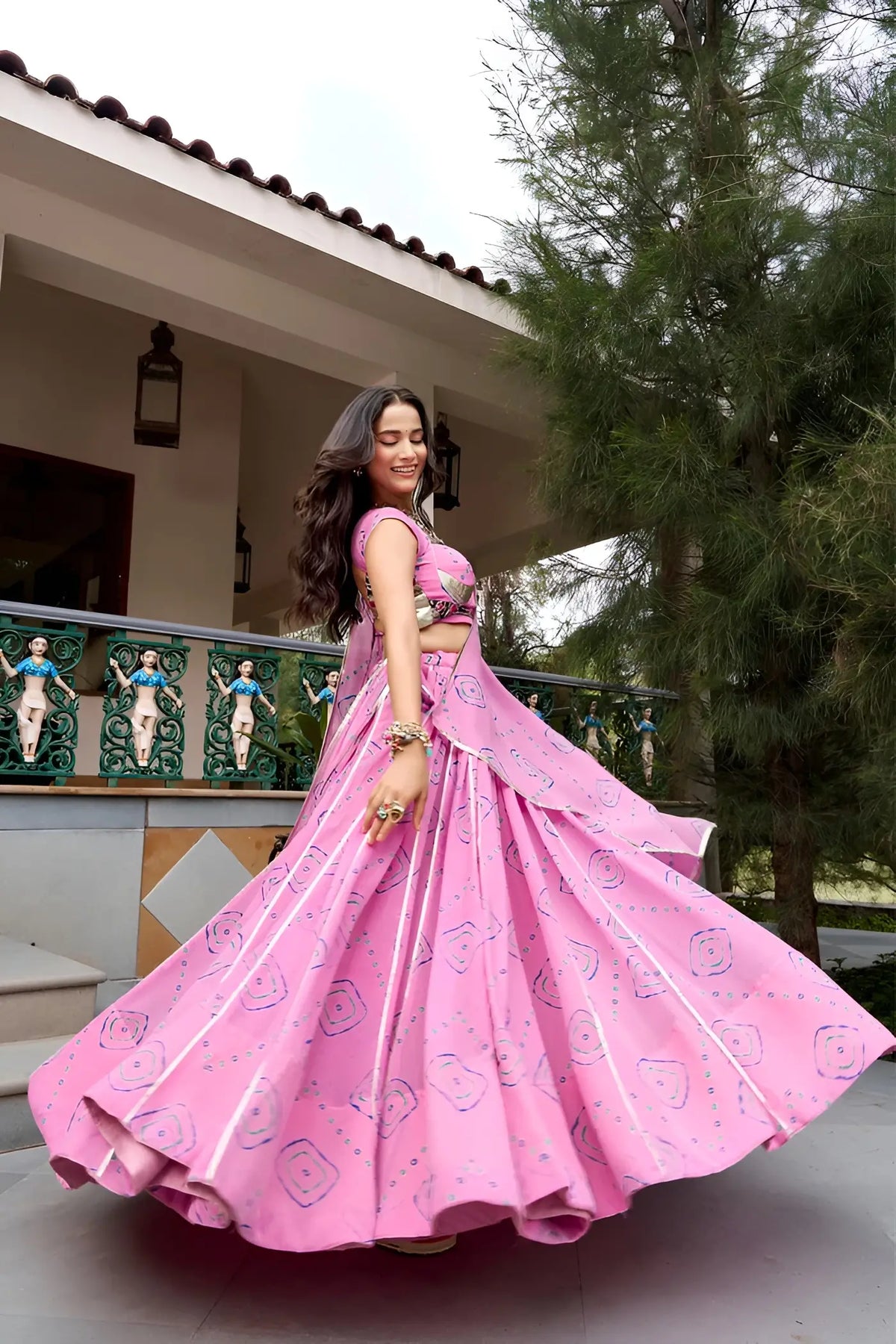 8 Meter Flair | Light Pink Navratri Lehenga With Bandhej Print & Gota Patti