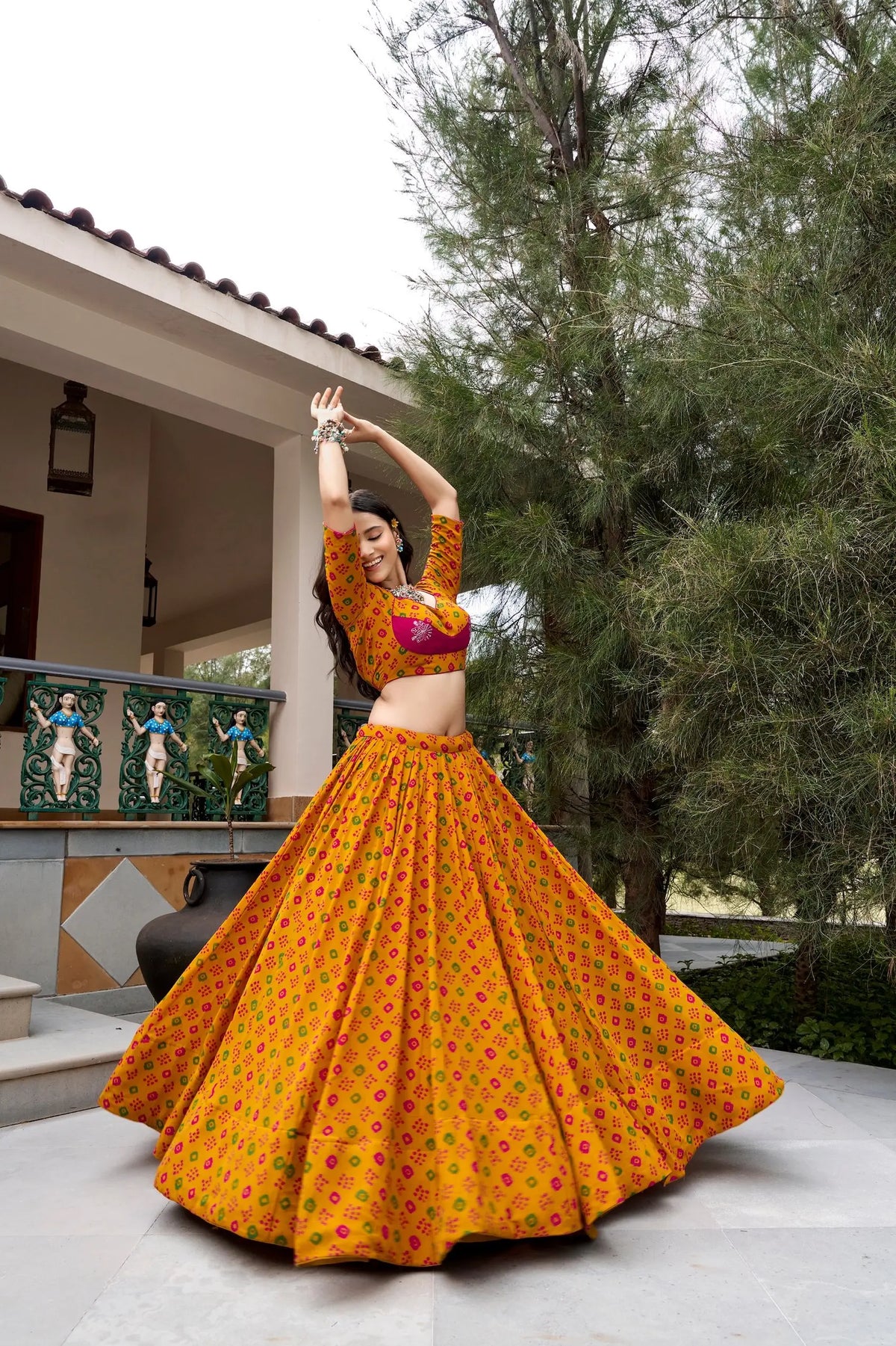 8 Meter Flair | Mustard Bandhej Print Garba Chaniya Choli