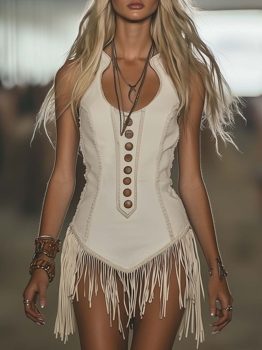 【24-hour shipping out】Elegant Western Chic Round Neck White Tassel Mini Dress
