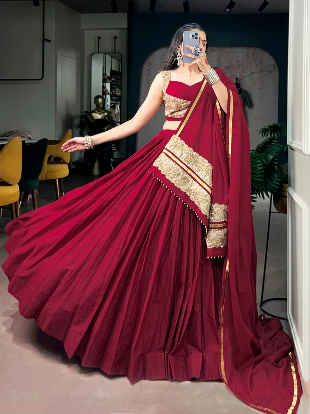 8 Meter Flair | Maroon Mal Cotton Navratri Chaniya Choli