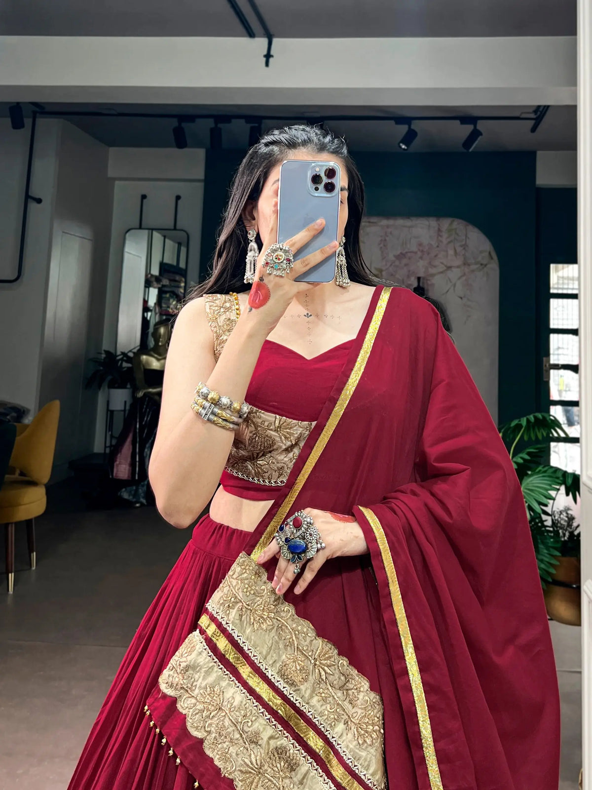 8 Meter Flair | Maroon Mal Cotton Navratri Chaniya Choli