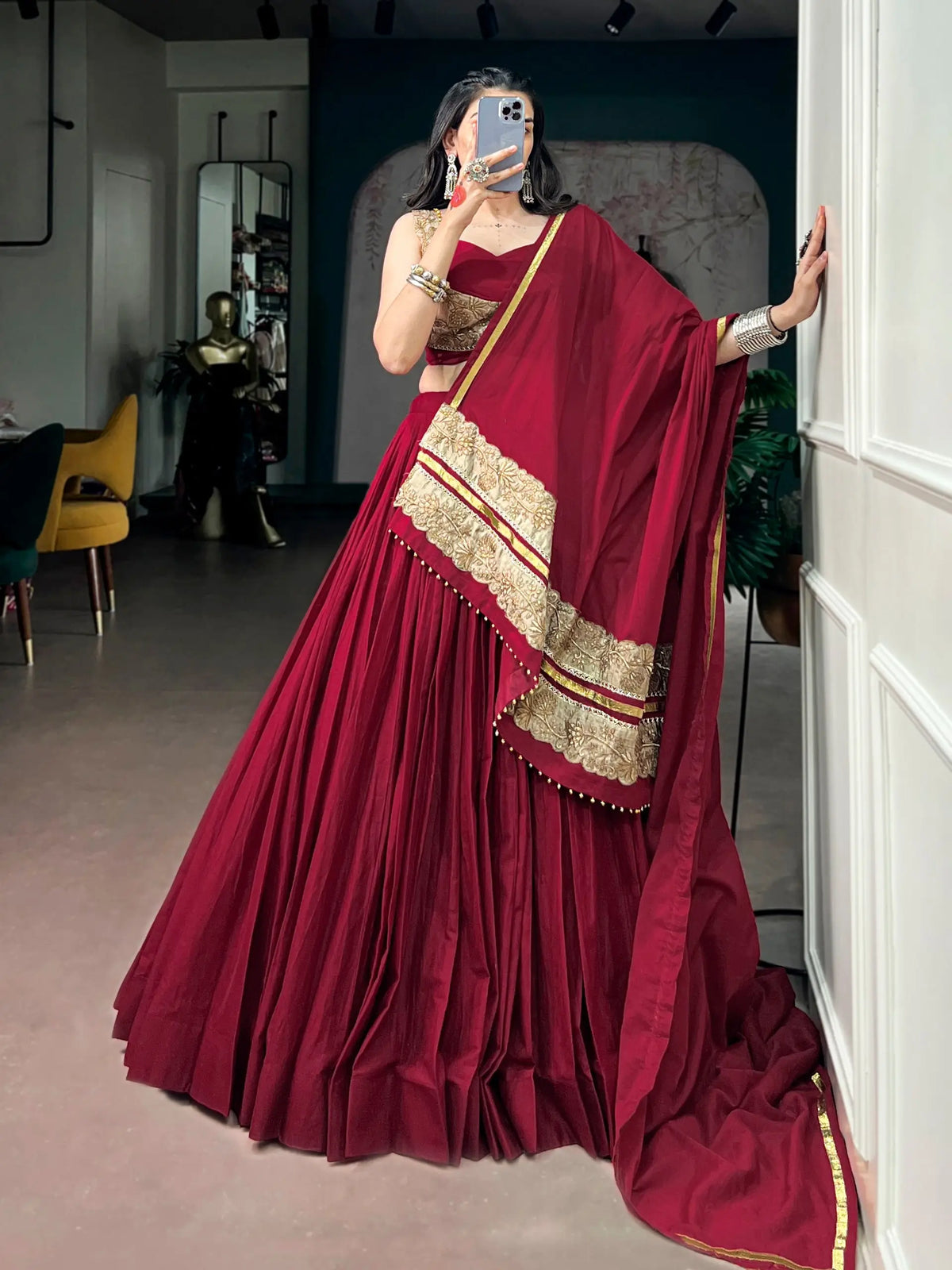 8 Meter Flair | Maroon Mal Cotton Navratri Chaniya Choli