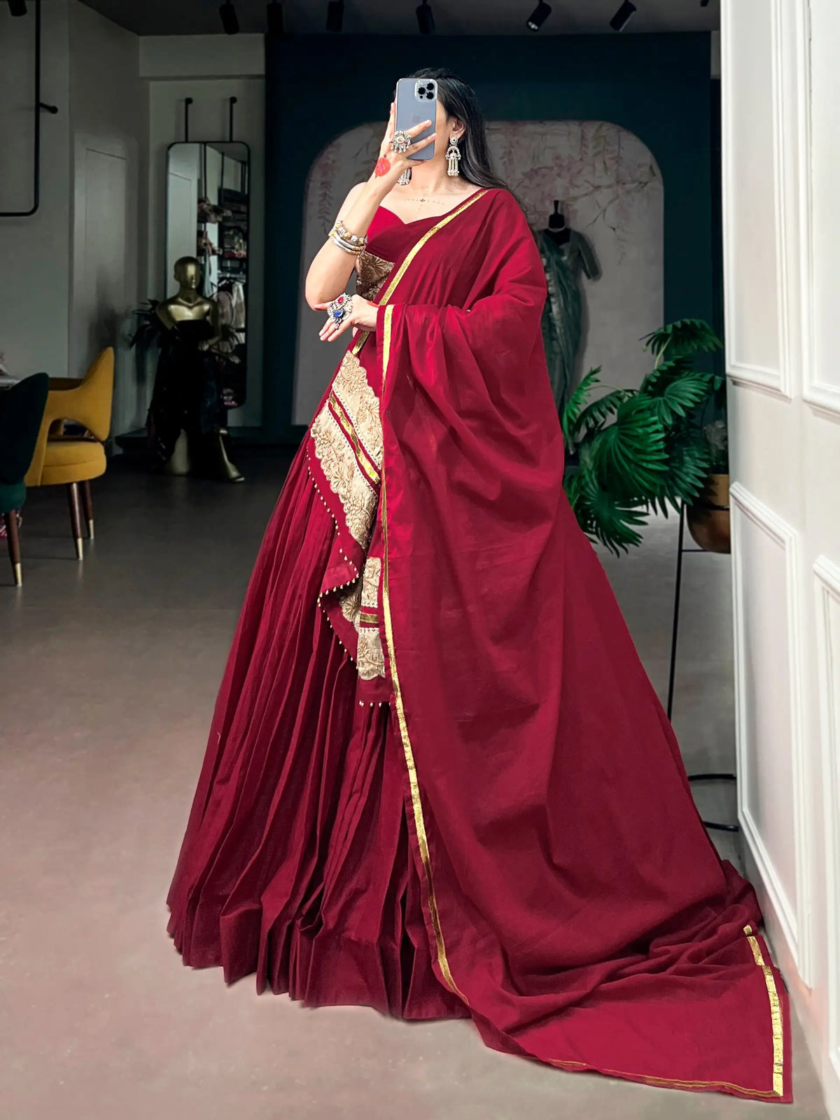 8 Meter Flair | Maroon Mal Cotton Navratri Chaniya Choli