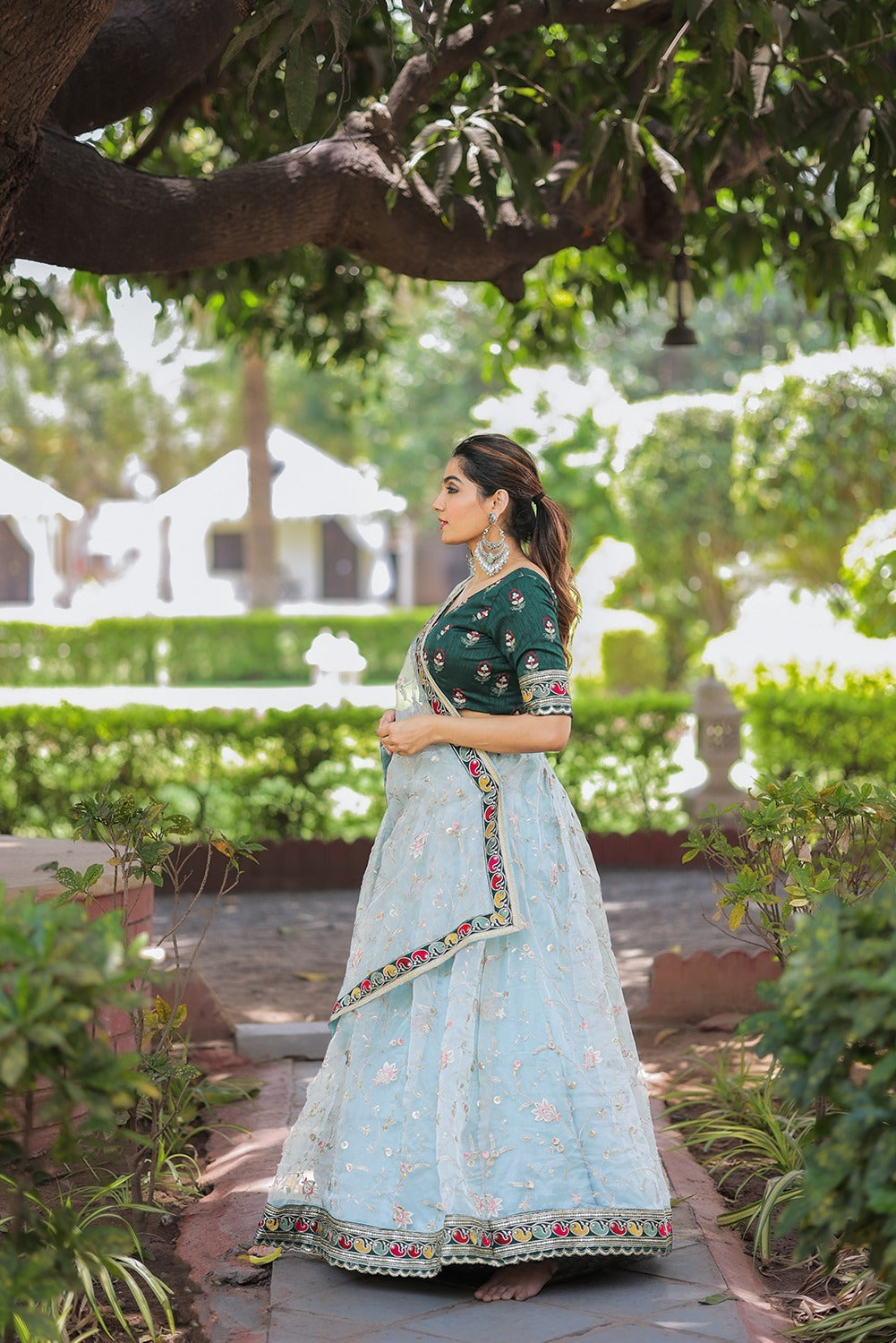 White Color Organza Thread embroidery work with lace border Lehenga