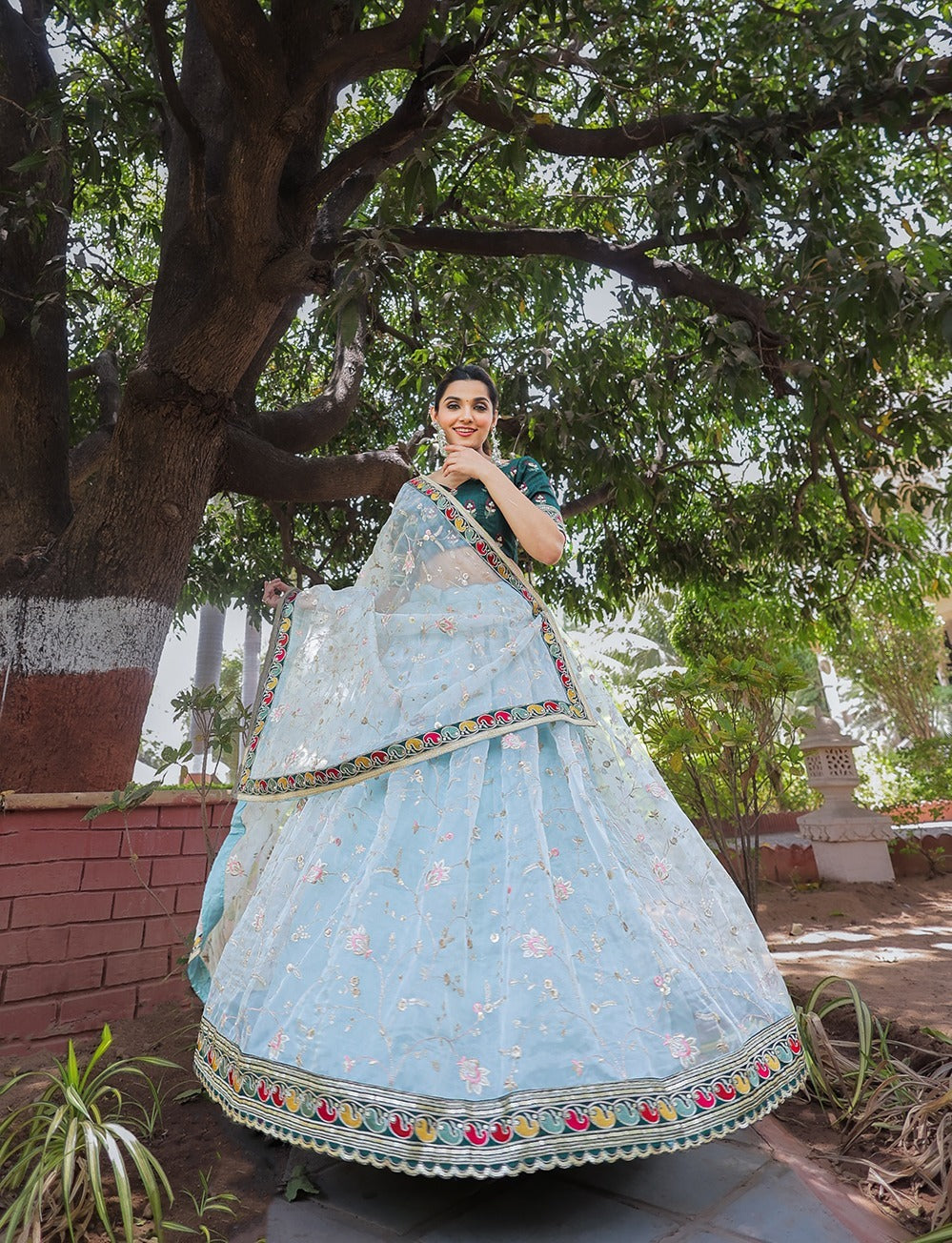 White Color Organza Thread embroidery work with lace border Lehenga