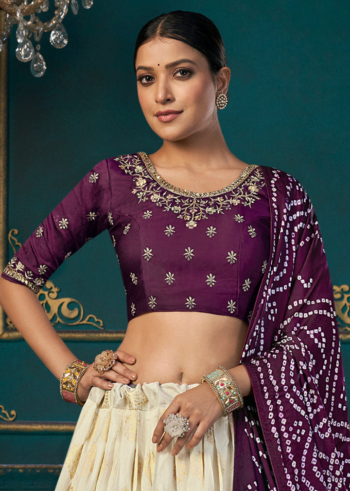 White & Purple Dola Silk Lehenga Choli with Thread & Khatli work