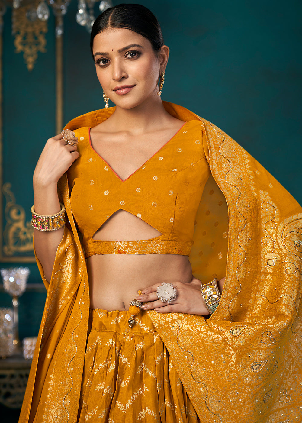 Mustard Yellow Dola Silk Lehenga Choli with Thread & Khatli work