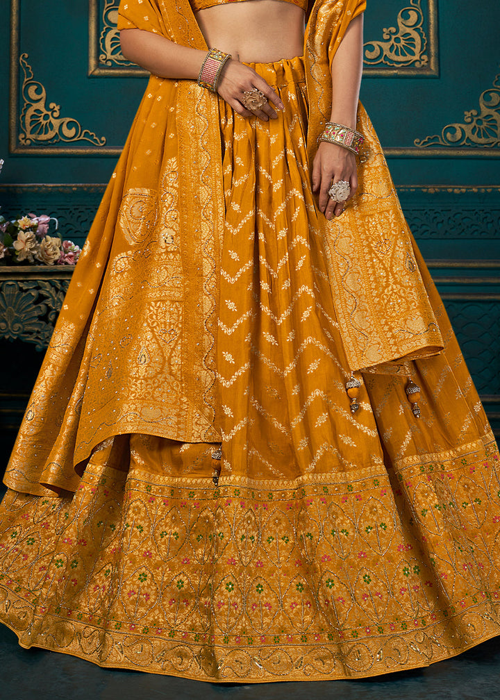 Mustard Yellow Dola Silk Lehenga Choli with Thread & Khatli work