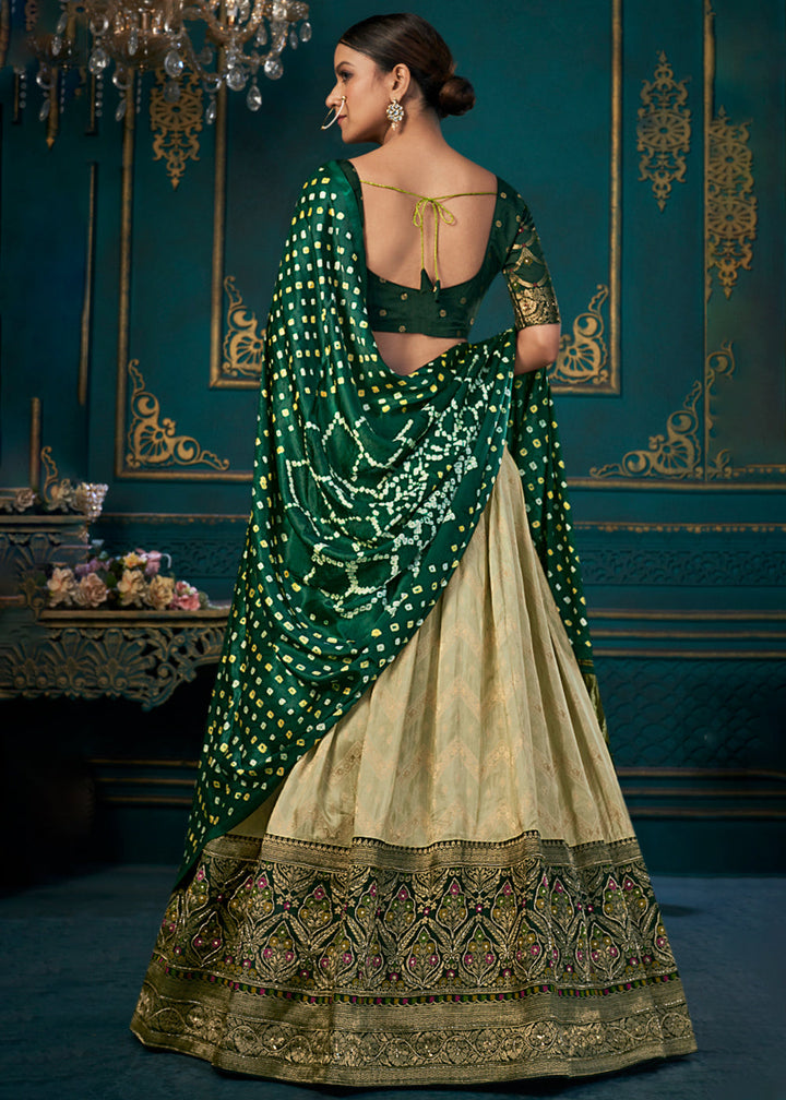 White & Green Dola Silk Lehenga Choli with Thread & Khatli work