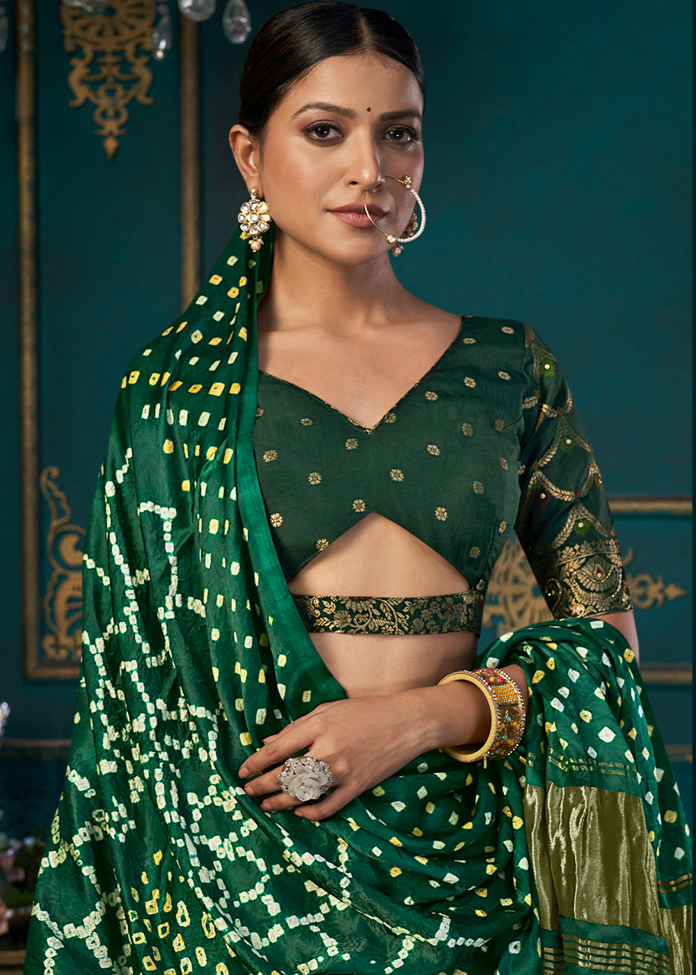 White & Green Dola Silk Lehenga Choli with Thread & Khatli work