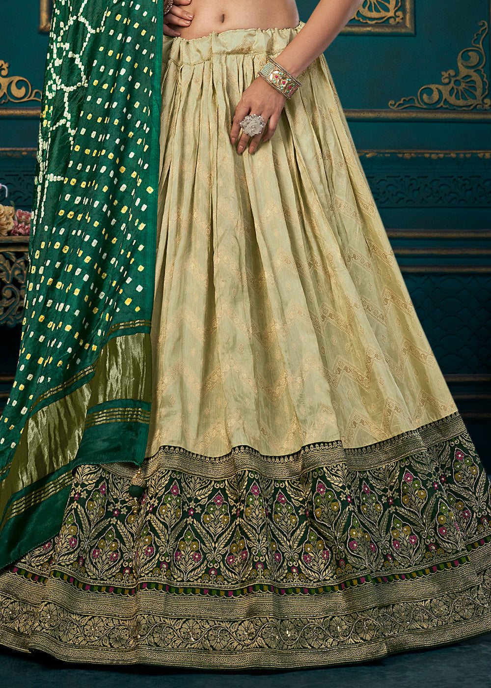 White & Green Dola Silk Lehenga Choli with Thread & Khatli work