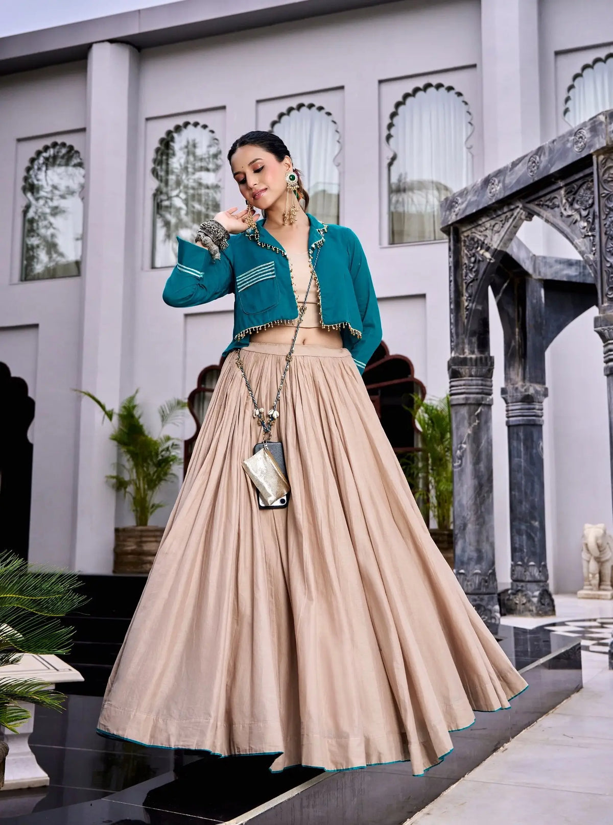 8 Meter Flair | Beige Cotton Garba Chaniya Choli With Teal Koti