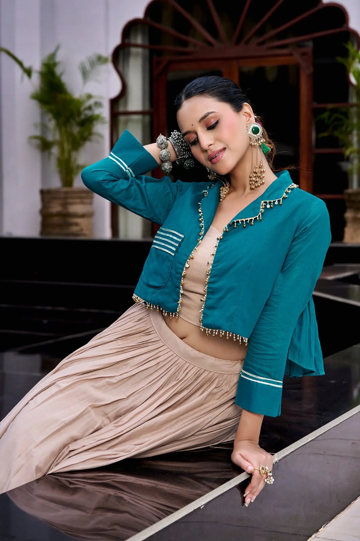 8 Meter Flair | Beige Cotton Garba Chaniya Choli With Teal Koti