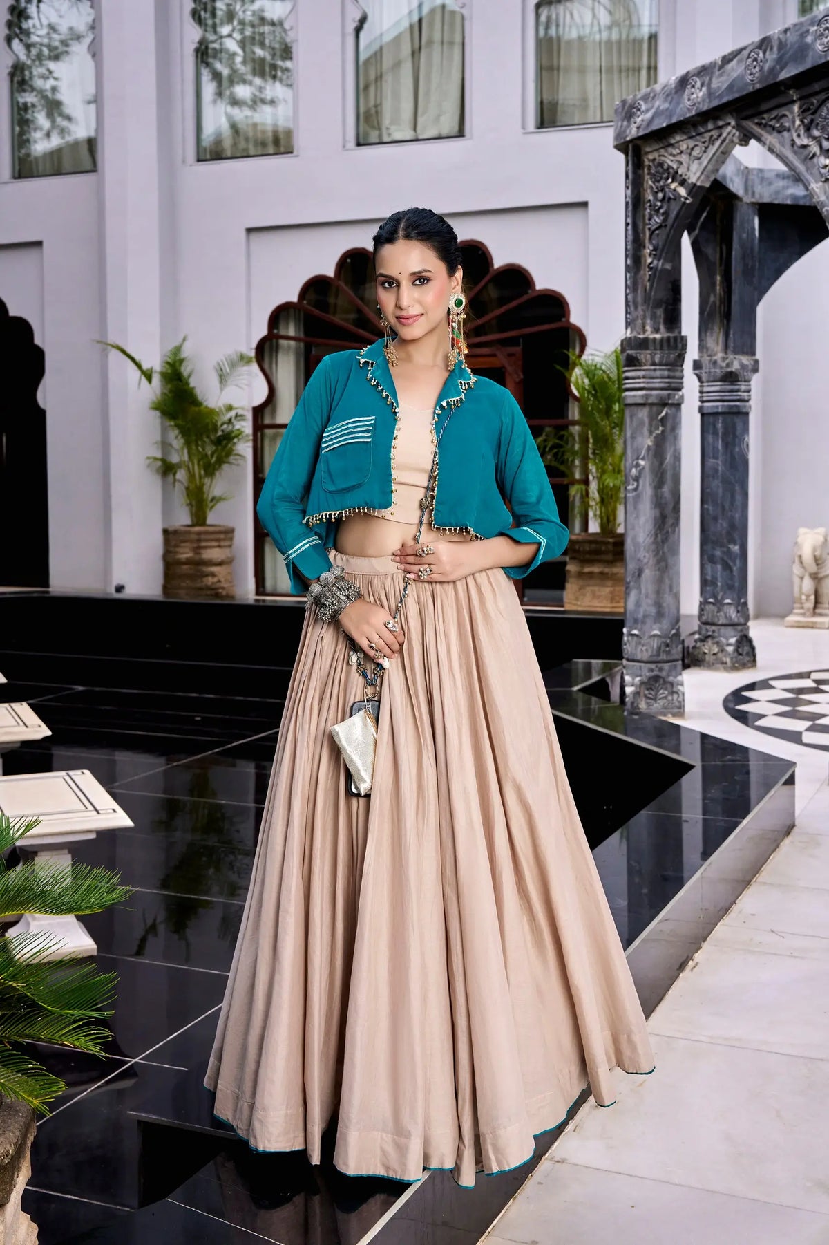 8 Meter Flair | Beige Cotton Garba Chaniya Choli With Teal Koti
