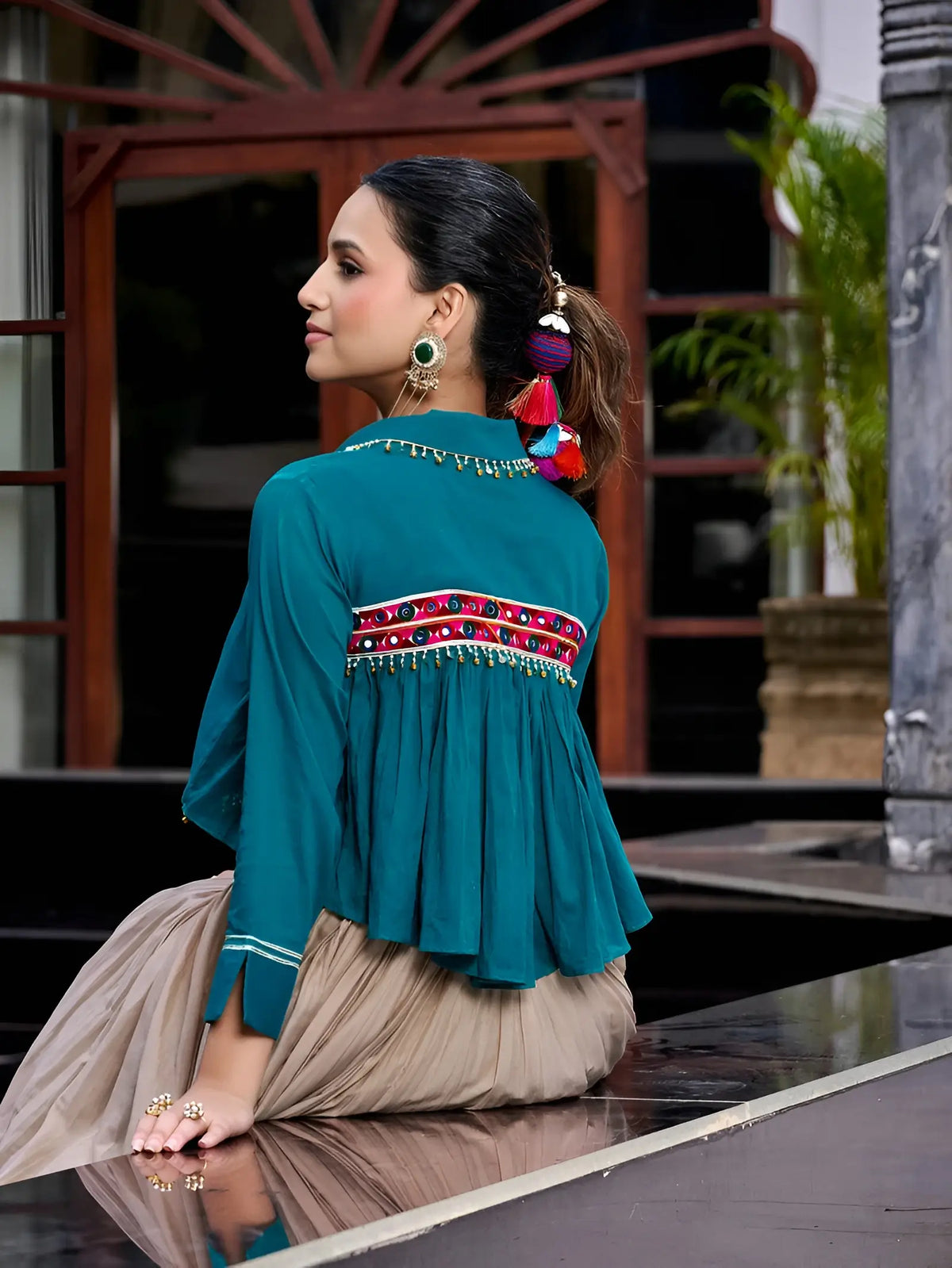 8 Meter Flair | Beige Cotton Garba Chaniya Choli With Teal Koti