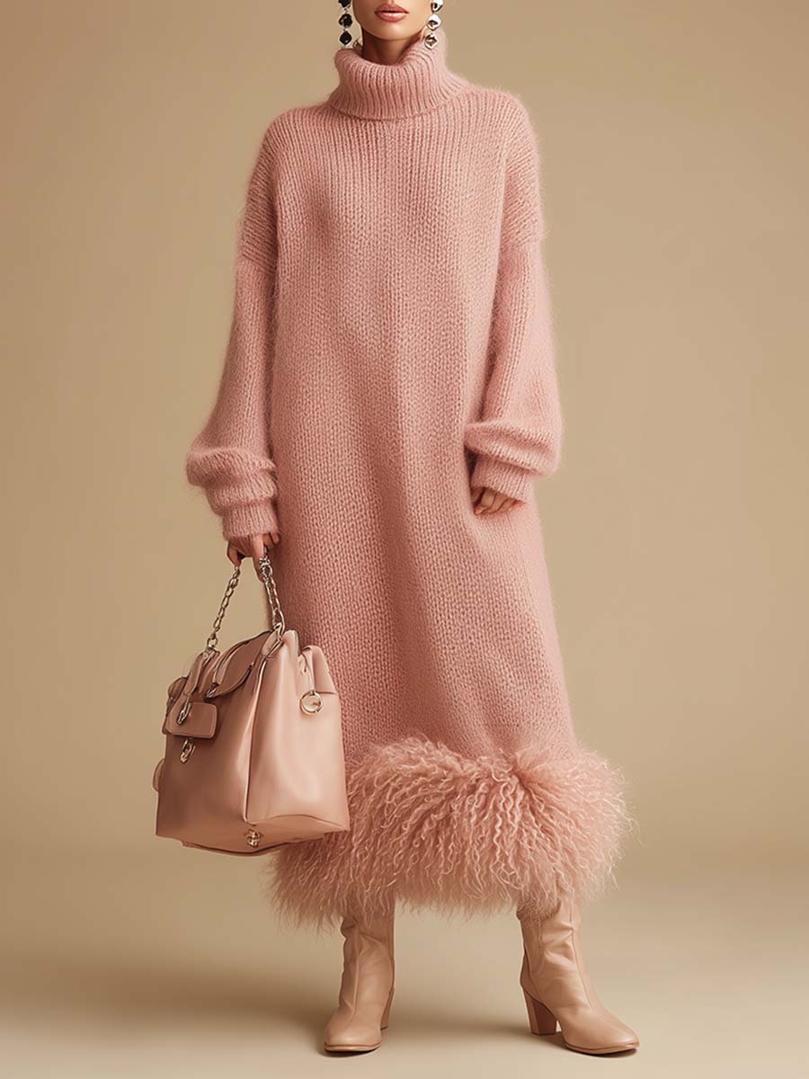 Retro Fashion Pink Turtleneck Furry Hem Knitted Midi Dress  - By Qivii