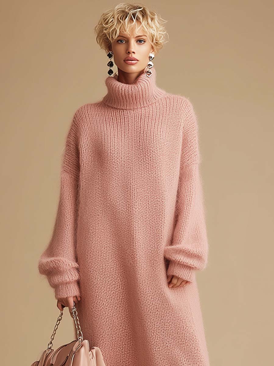 Retro Fashion Pink Turtleneck Furry Hem Knitted Midi Dress  - By Qivii