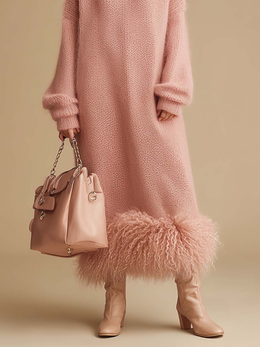 Retro Fashion Pink Turtleneck Furry Hem Knitted Midi Dress  - By Qivii