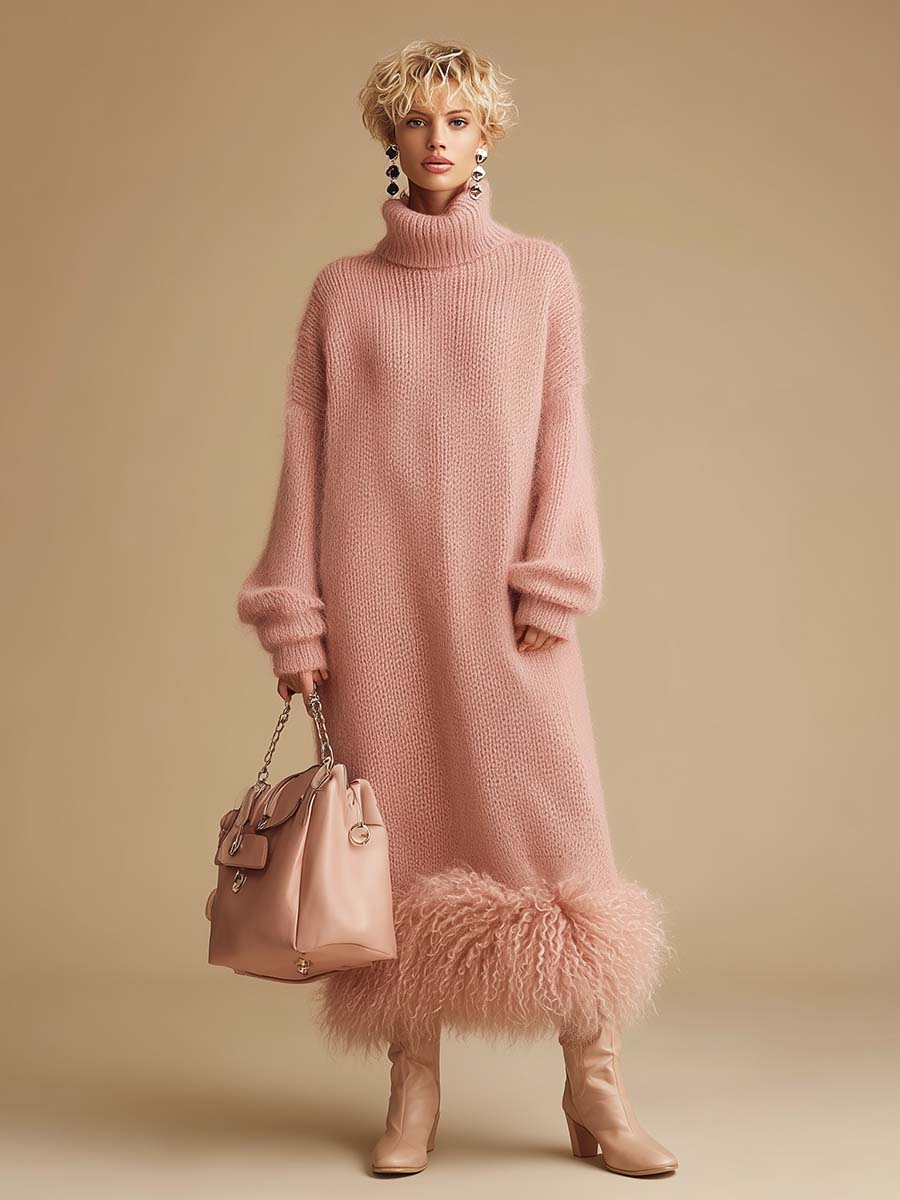 Retro Fashion Pink Turtleneck Furry Hem Knitted Midi Dress  - By Qivii