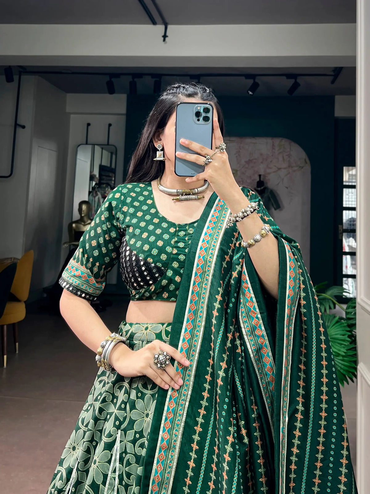 5 Meter Flair | Green Tasar Silk Navratri Chaniya Choli With Sparkle Work
