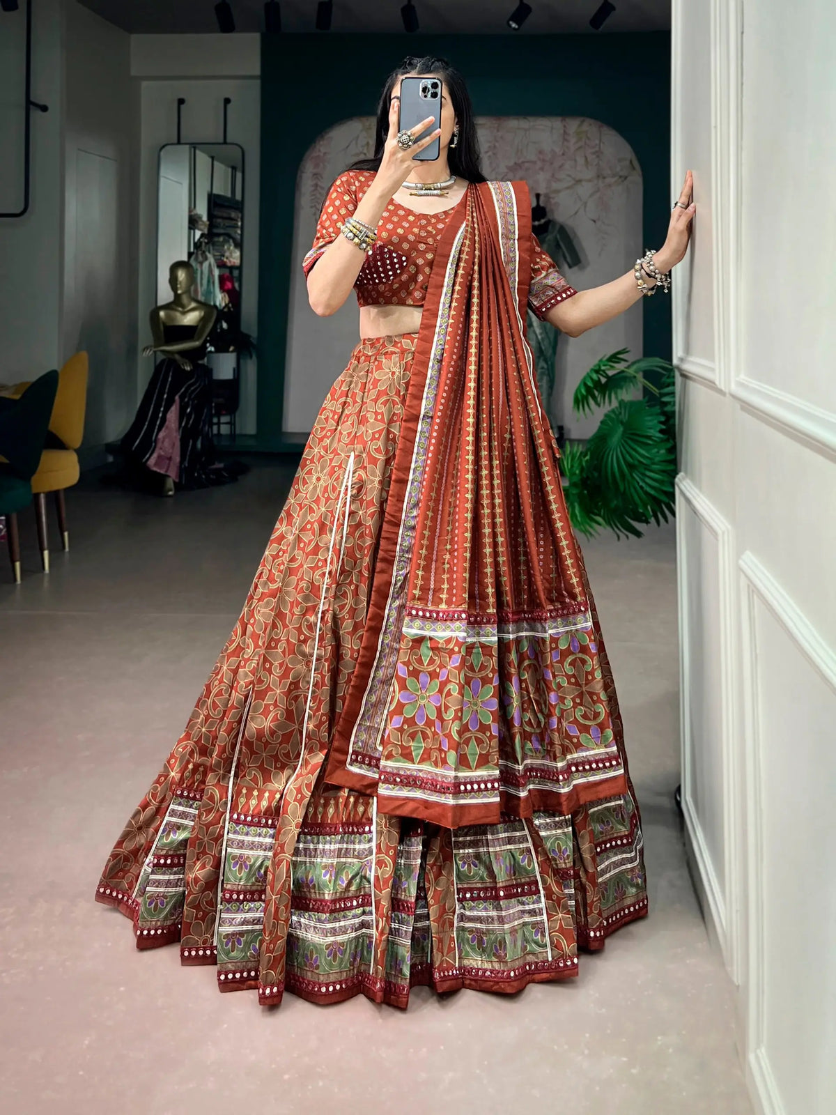 5 Meter Flair | Rust Orange Tassar Silk Navratri Chaniya Choli With Sparkle Work
