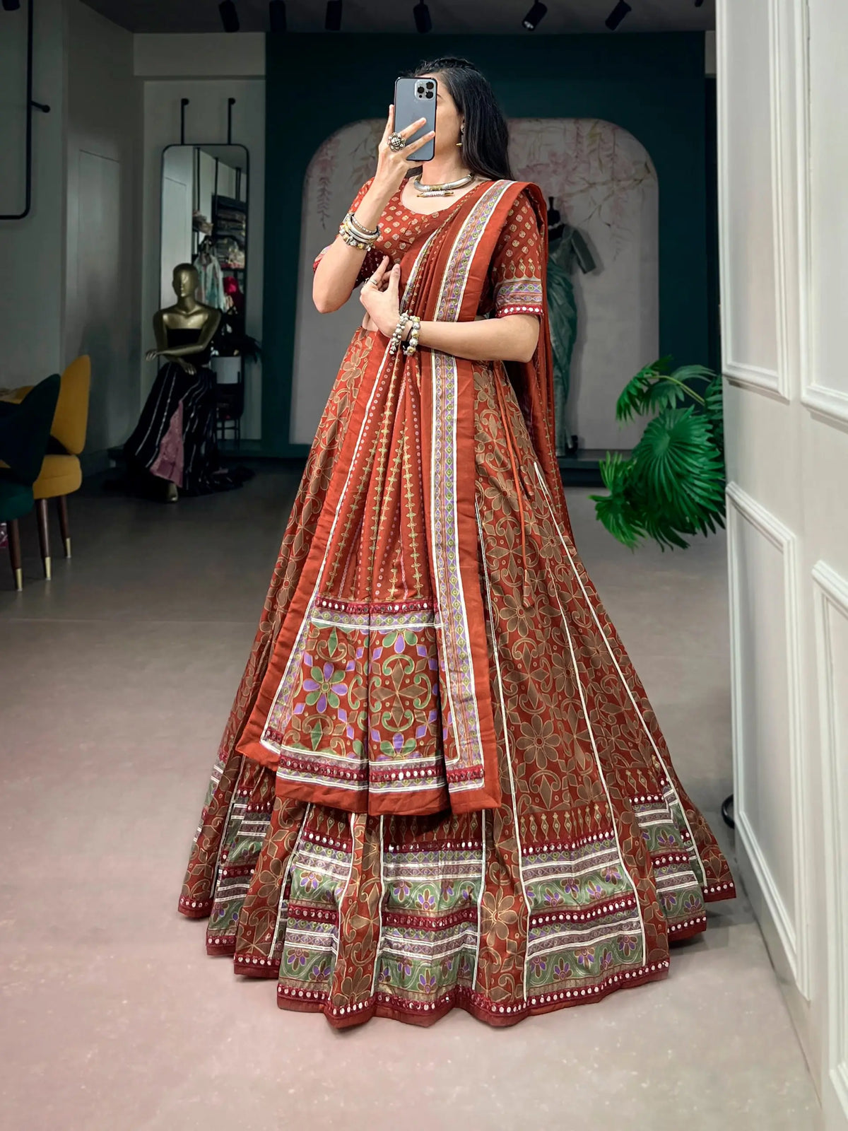 5 Meter Flair | Rust Orange Tassar Silk Navratri Chaniya Choli With Sparkle Work