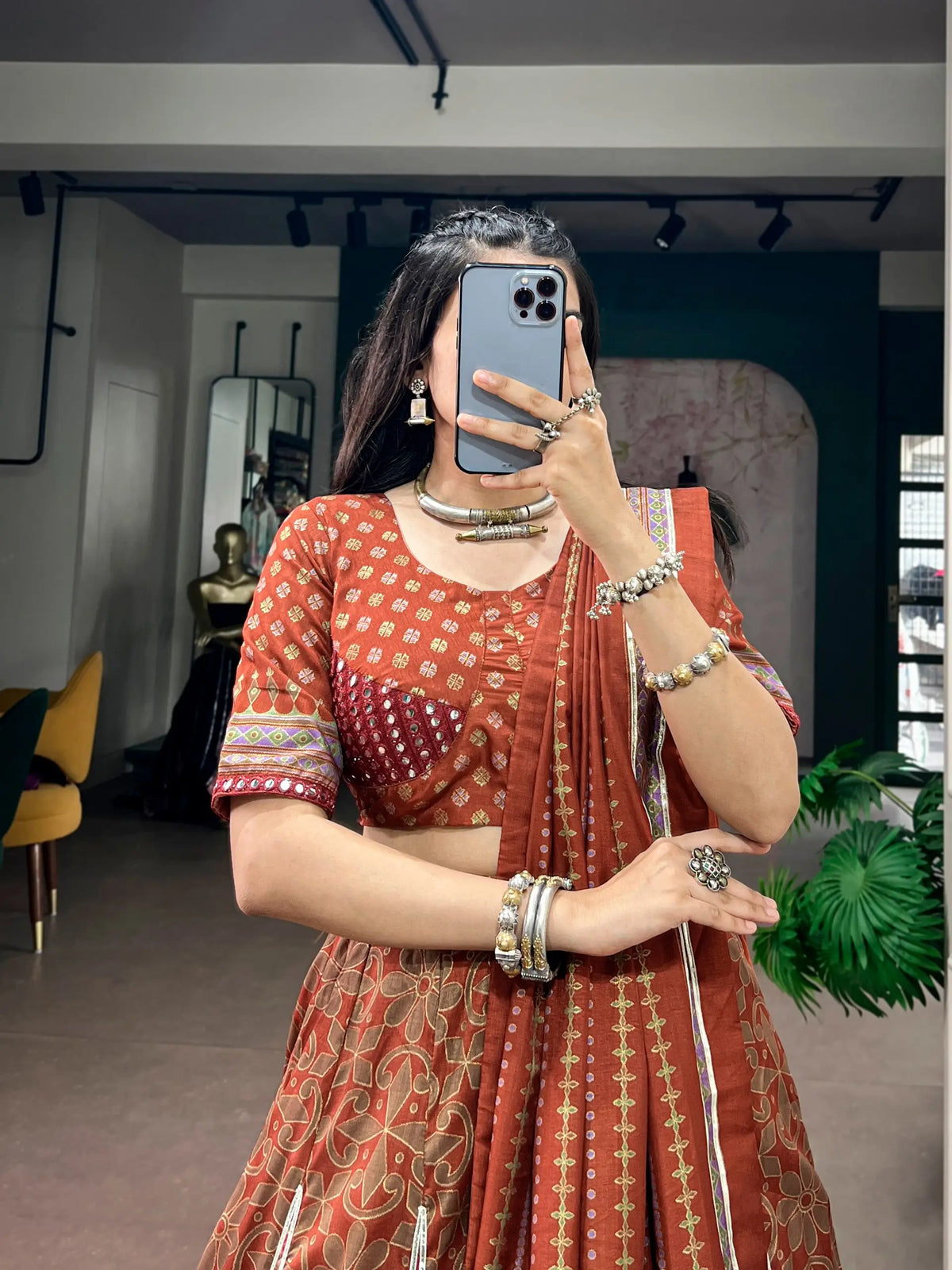 5 Meter Flair | Rust Orange Tassar Silk Navratri Chaniya Choli With Sparkle Work
