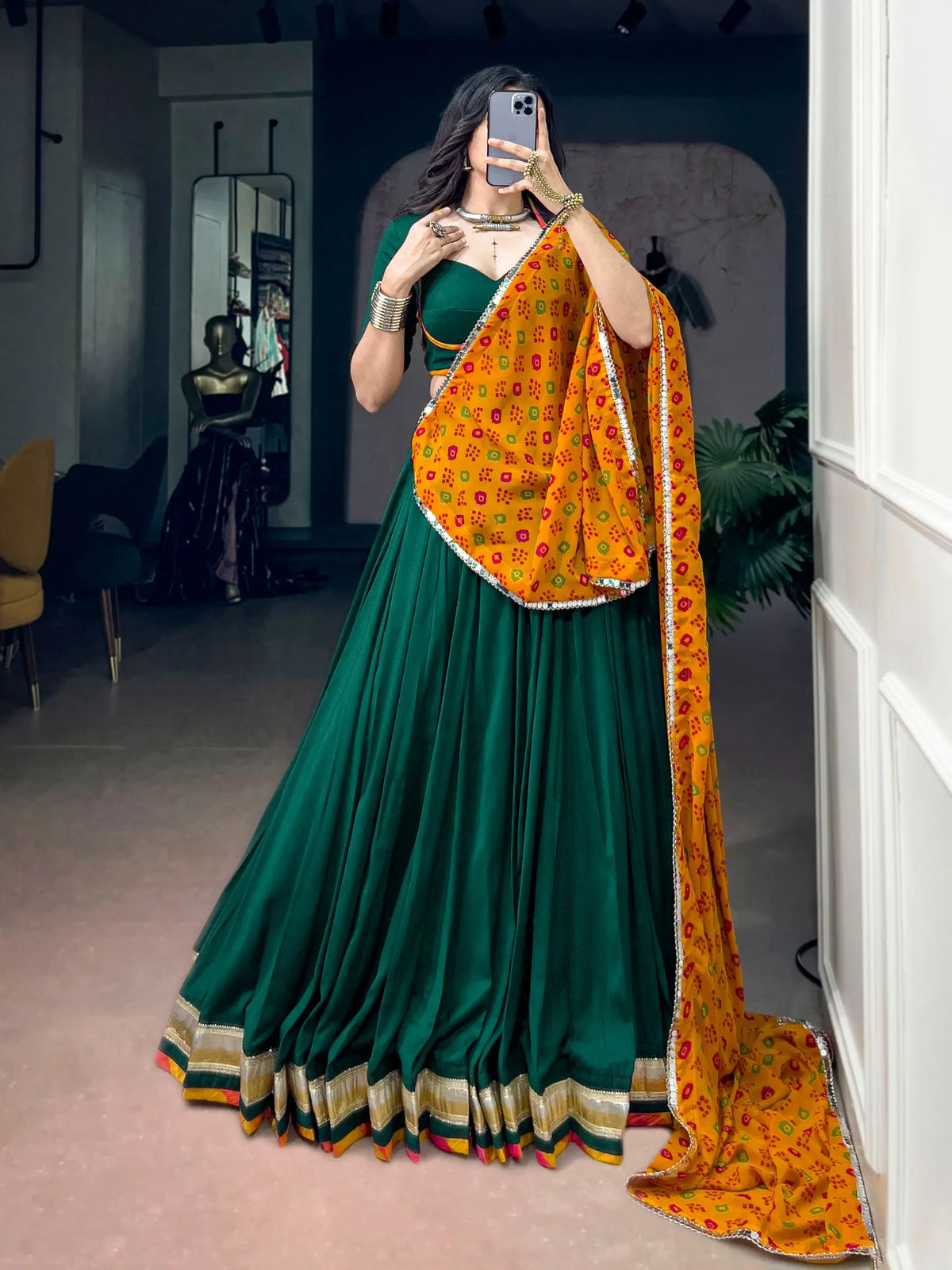 8 Meter Flair | Green Navratri Lehenga With Embossed Lace & Bandhani Dupatta