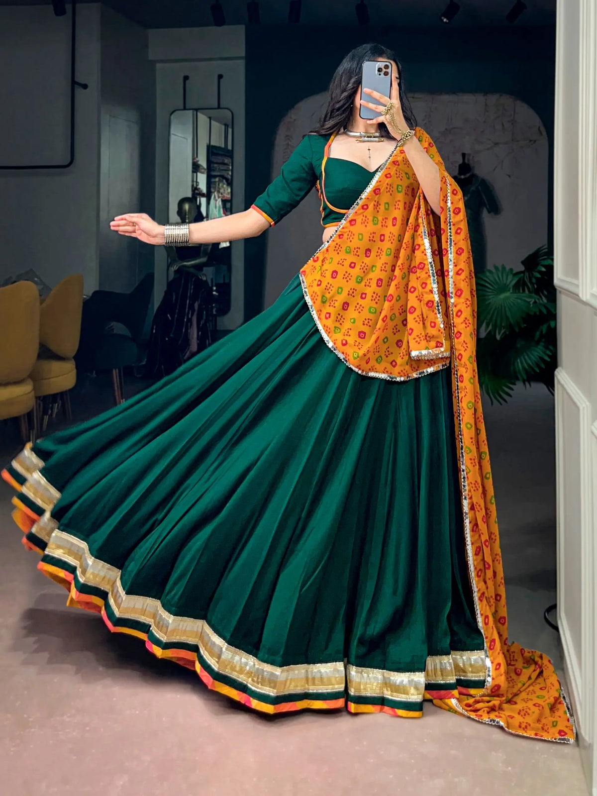 8 Meter Flair | Green Navratri Lehenga With Embossed Lace & Bandhani Dupatta