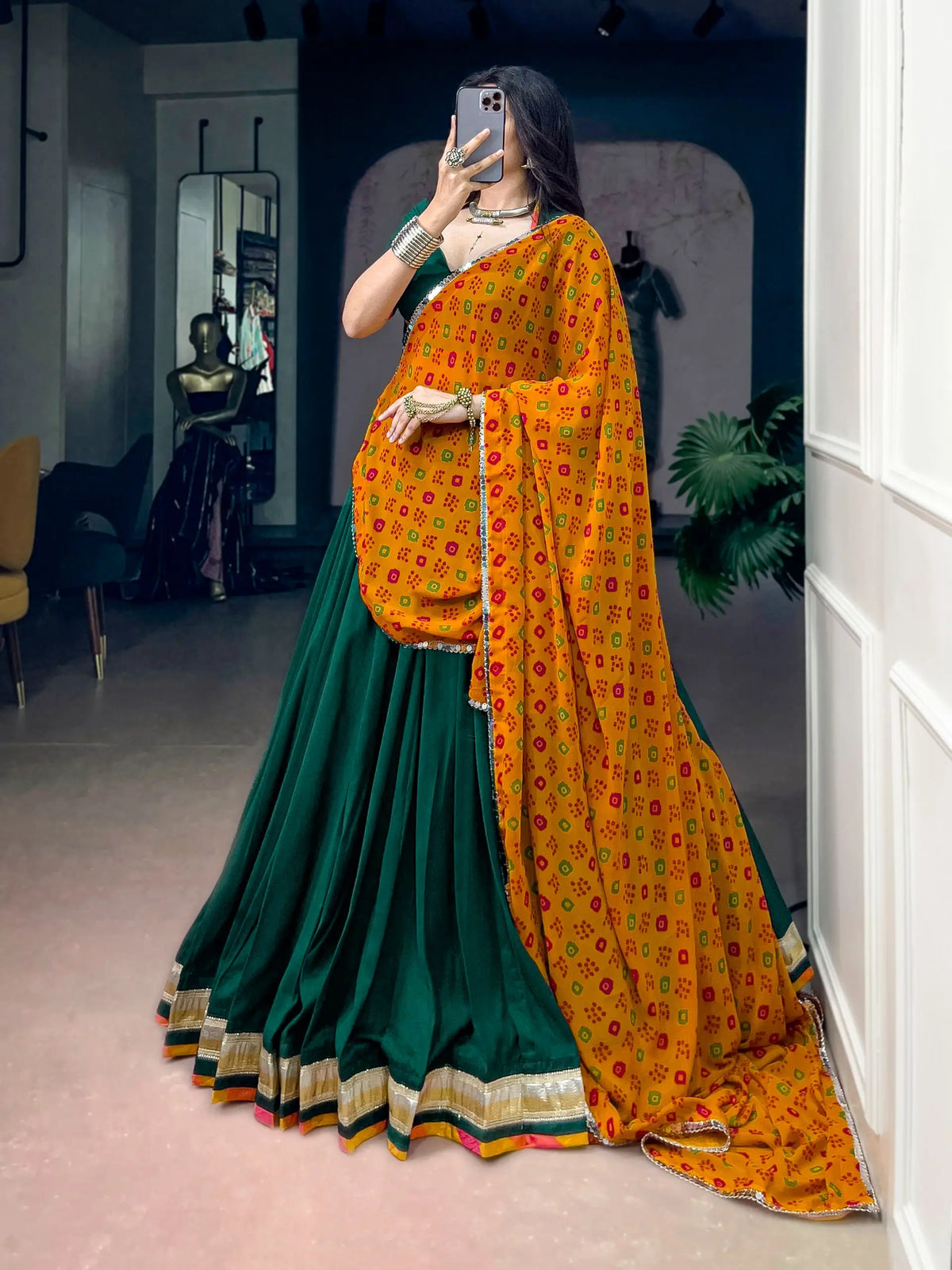 8 Meter Flair | Green Navratri Lehenga With Embossed Lace & Bandhani Dupatta