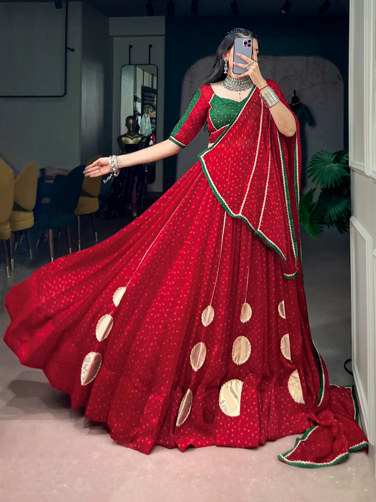8 Meter Flair | Red Bandhej Print Navratri Chaniya Choli