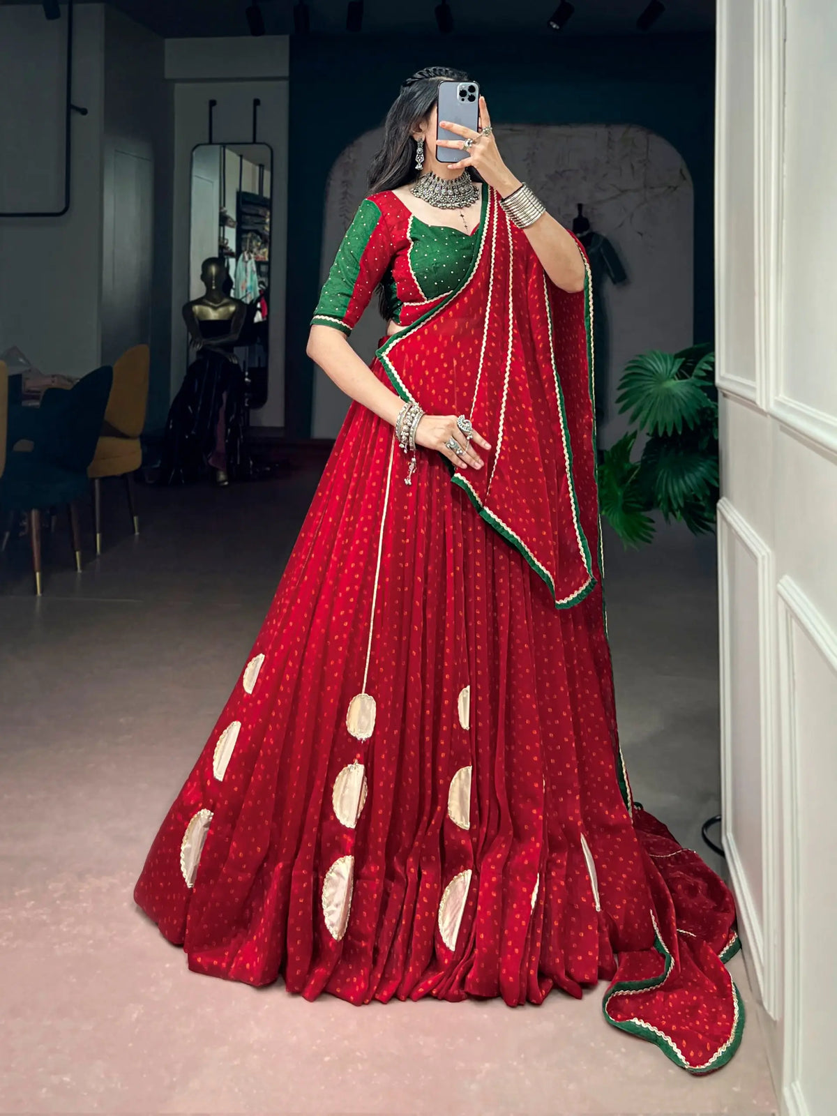 8 Meter Flair | Red Bandhej Print Navratri Chaniya Choli