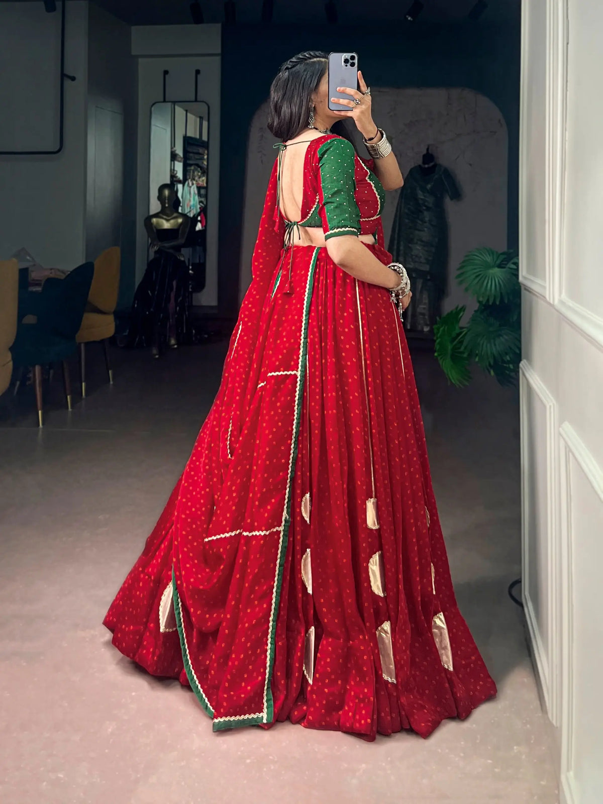 8 Meter Flair | Red Bandhej Print Navratri Chaniya Choli