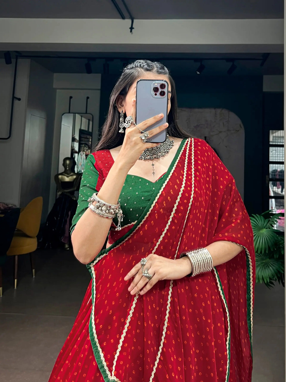 8 Meter Flair | Red Bandhej Print Navratri Chaniya Choli