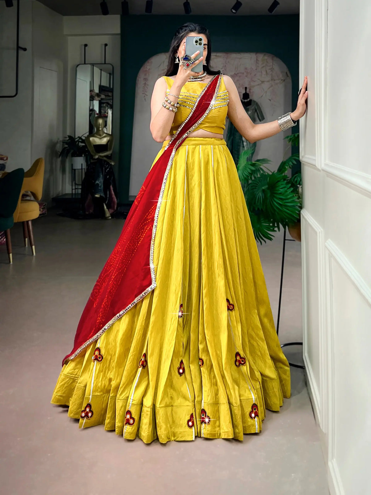 8 Meter Flair | Yellow Chanderi Gamthi Work Garba Chaniya Choli With Dupatta