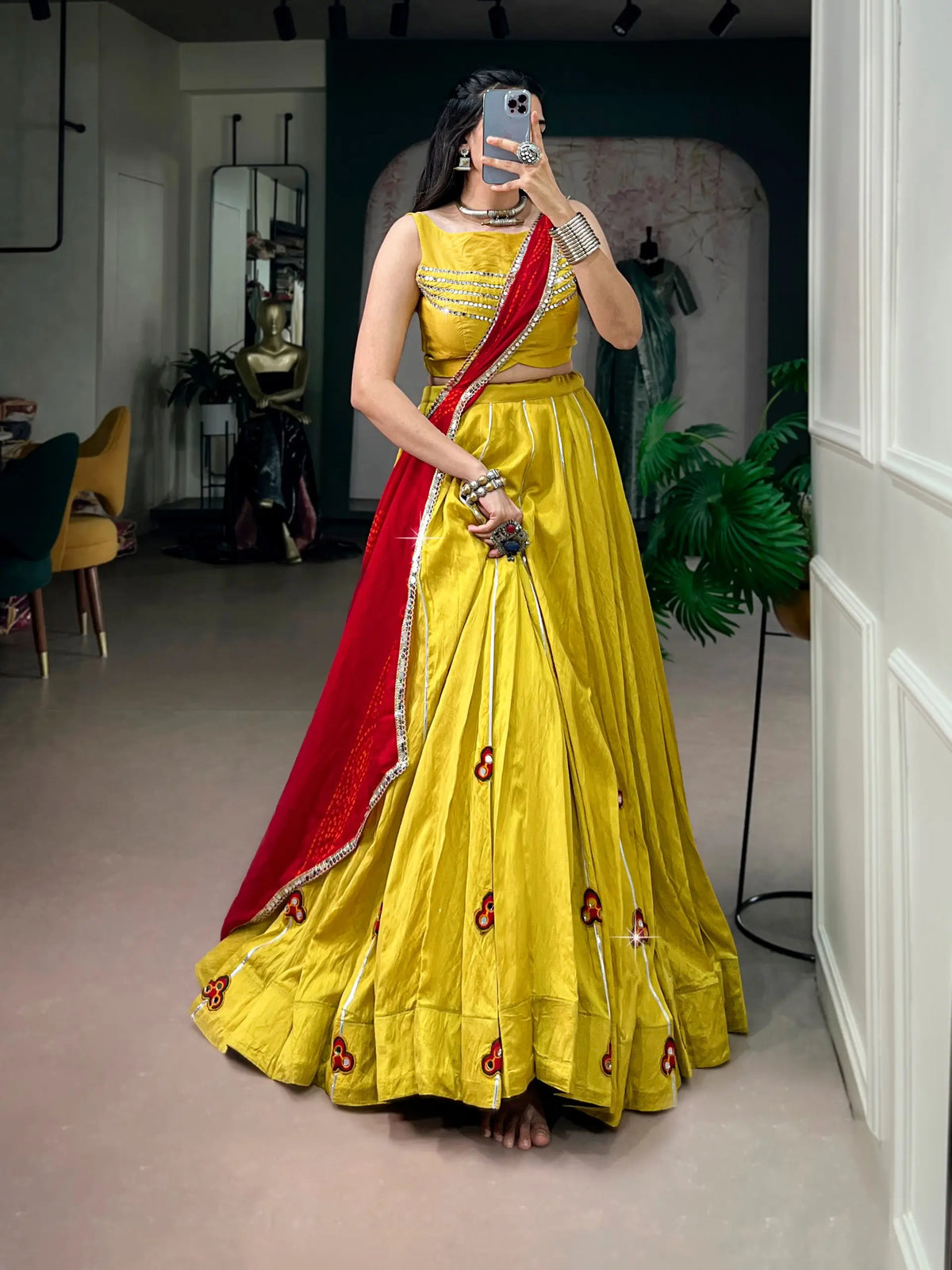 8 Meter Flair | Yellow Chanderi Gamthi Work Garba Chaniya Choli With Dupatta