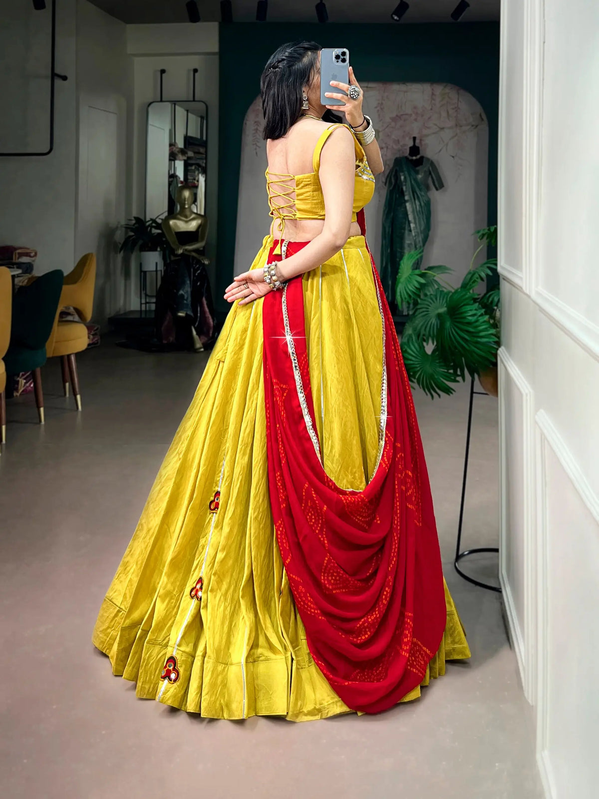 8 Meter Flair | Yellow Chanderi Gamthi Work Garba Chaniya Choli With Dupatta