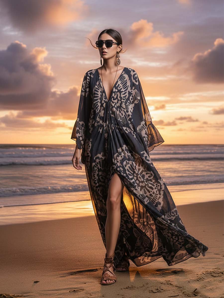 Elegant And Flowing Retro Print V-neck Dark Blue Chiffon Slit Maxi Dress  - By Qivii