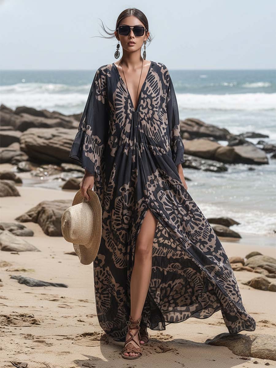 Elegant And Flowing Retro Print V-neck Dark Blue Chiffon Slit Maxi Dress  - By Qivii