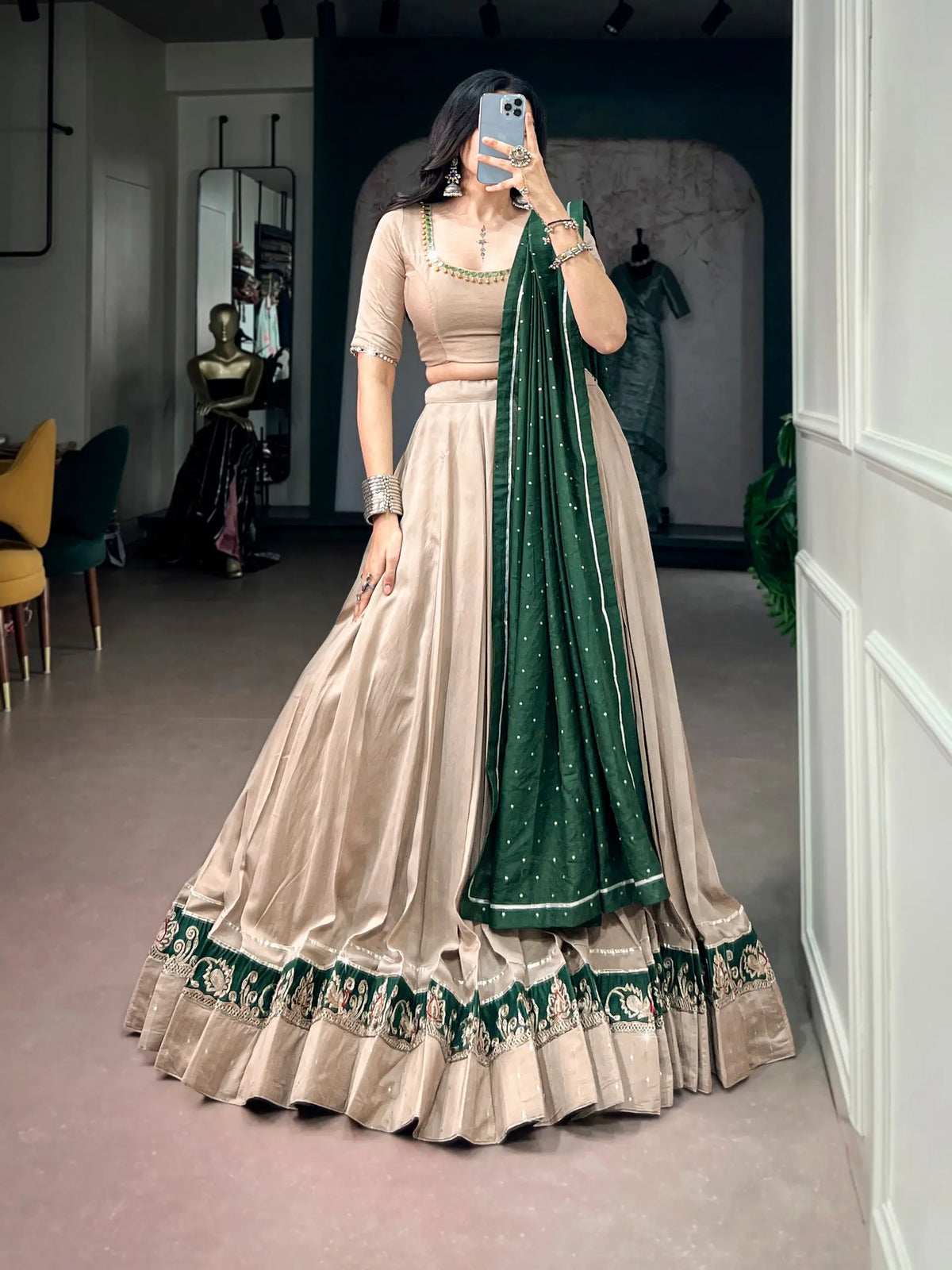 8 Meter Flair | Dark Beige Chanderi Garba Chaniya Choli With Mirror Work
