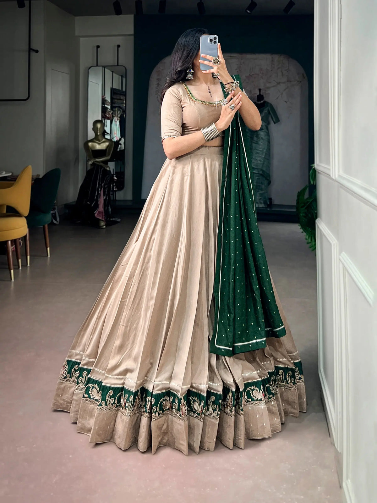 8 Meter Flair | Dark Beige Chanderi Garba Chaniya Choli With Mirror Work