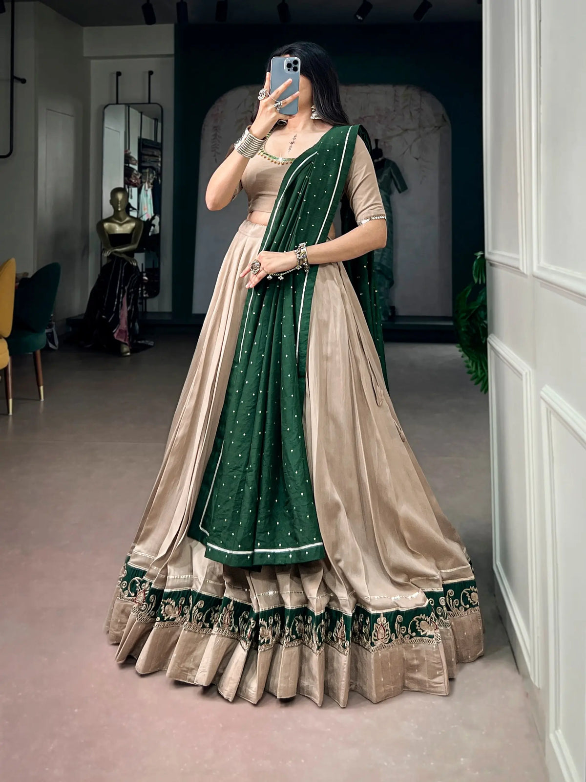 8 Meter Flair | Dark Beige Chanderi Garba Chaniya Choli With Mirror Work