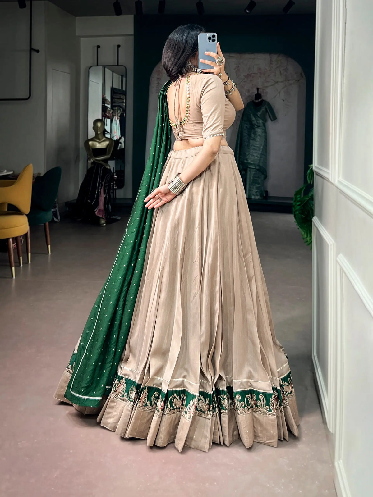 8 Meter Flair | Dark Beige Chanderi Garba Chaniya Choli With Mirror Work