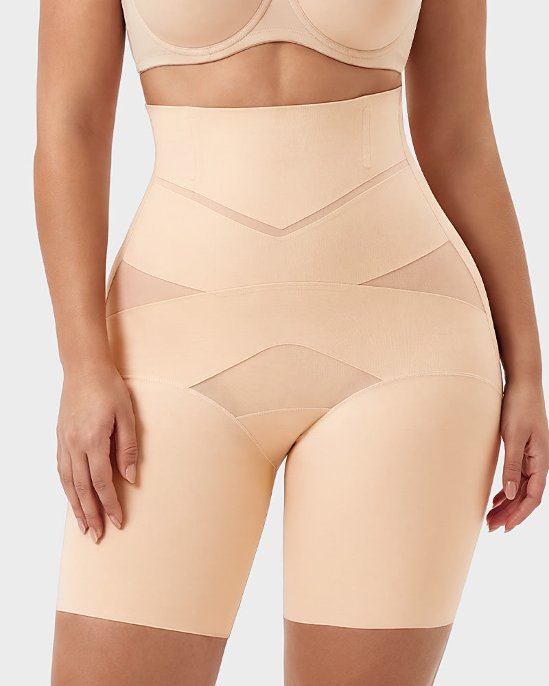 High Waist Mesh Panel Tummy Control Butt Lifting Shaper Shorts